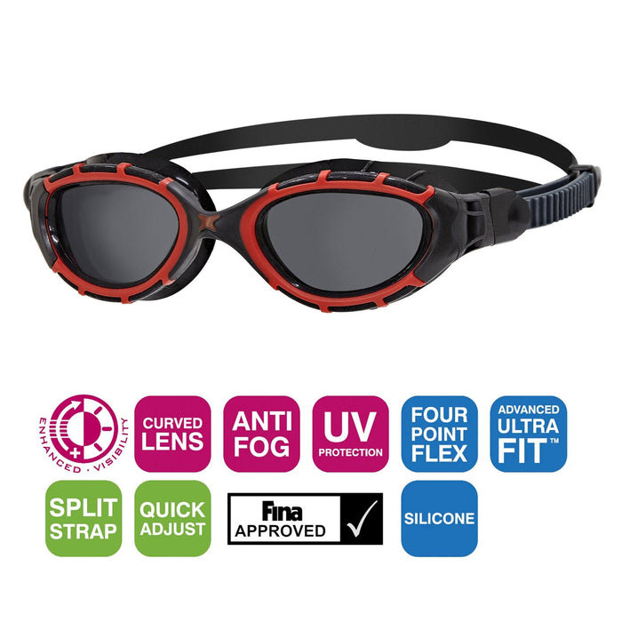 Lunettes de natation Predator Flex Polarisées Noir-Rouge-Fumé Standard Zoggs 461043BKRDPSMR