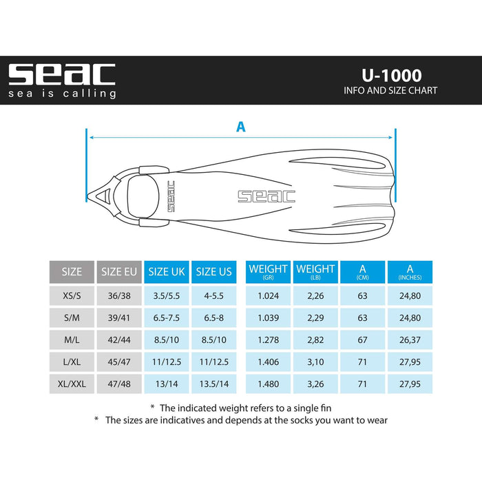 Aletas de buceo U-1000 Blancas XS-S ~ 34-36 Seac 71-55W-XS-S