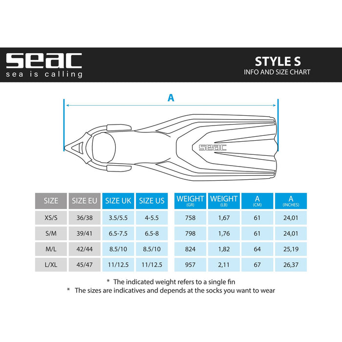 Diving Fins Style S Orange XS-S ~ 36-38 Seac 71-62O-XS-S