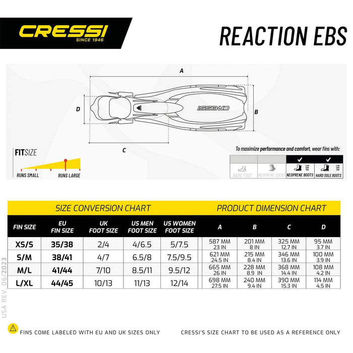 Diving Fins Reaction Ebs Yellow-Silver M-L-EU 42-45-UK 7-10 Cressi BE091042