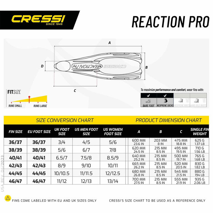 Diving Fins Reaction Pro Yellow-Grey EU 44-45-UK 10-10,5 Cressi BG191044