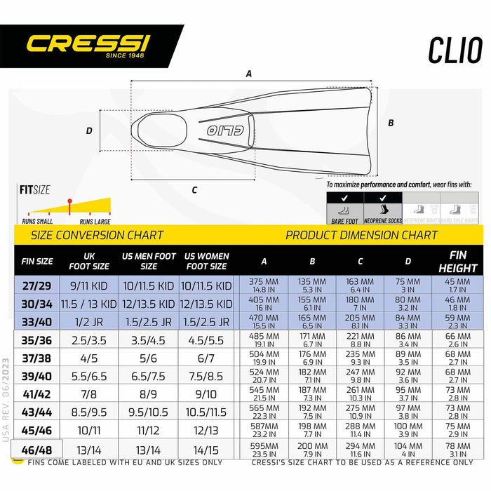 Palmes de Plongée et de Natation Clio Enfants Jaune EU 33-34-UK 1-2 Cressi CA101033
