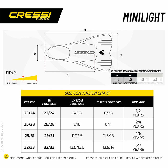 Palmes de Plongée et de Natation Light Enfants Jaune EU 25-28-UK 7,5-10,5 Cressi DP301025